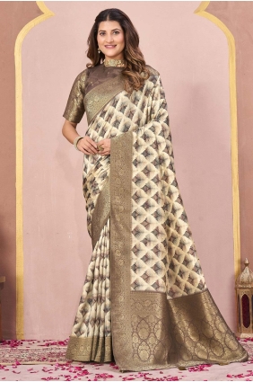 Tussar silk Saree with Digital print in Mehandi SR29092