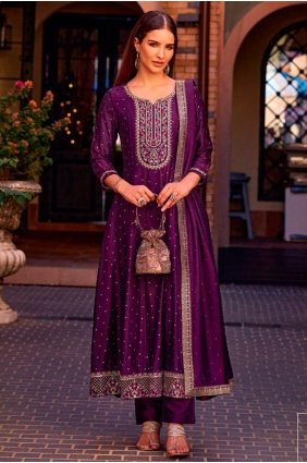 Purple Embroidered Anarkali Suit in Silk AS4133