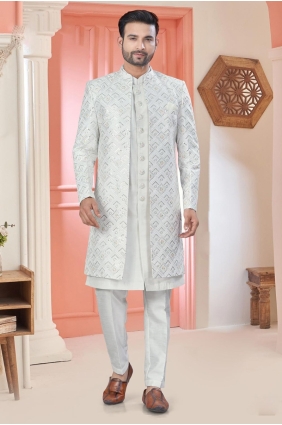 Embroidered Art silk Men Kurta in White KURR431