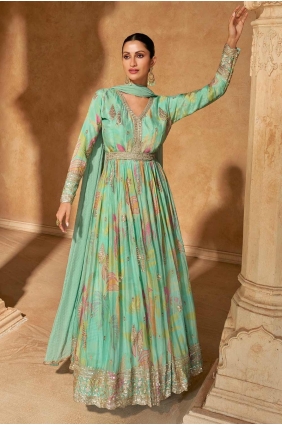 Embroidered Chiffon Anarkali Suit in Sea green with Dupatta AS4049