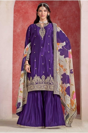 Chiffon Sharara Suit with Embroidered in Purple SS1263