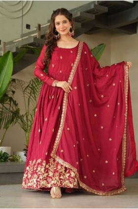 Maroon Embroidered Gown Dress in Chiffon GW1154