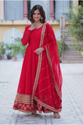 Embroidered Eid Anarkali Suit in Red Faux georgette AS4030
