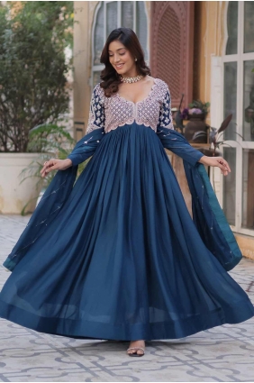 Embroidered Faux georgette Gown Dress in Teal blue GW1105