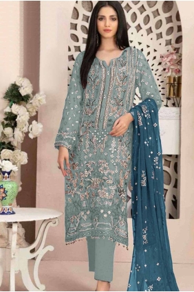 Embroidered Georgette Straight Pant Suit in Sky blue with Dupatta SK155112