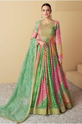 Embroidered Gown Dress in Green and multi Muslin GW1087