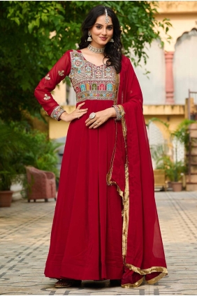 Maroon Embroidered Gown Dress in Faux georgette GW1147
