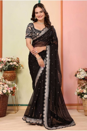Black Saree in Embroidered Organza SR28689