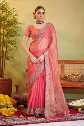 Embroidered Organza Saree in Peach with Blouse SR28237