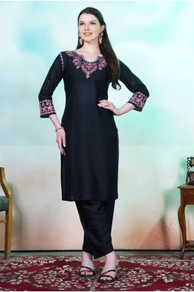 Embroidered Rayon Palazzo Kurti in Black with Dupatta KTI2672