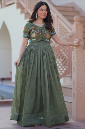 Green Embroidered Gown Dress in Satin GW1161