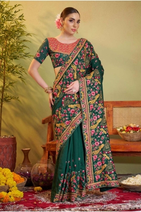 Embroidered Satin Saree in Green with Blouse SR28243