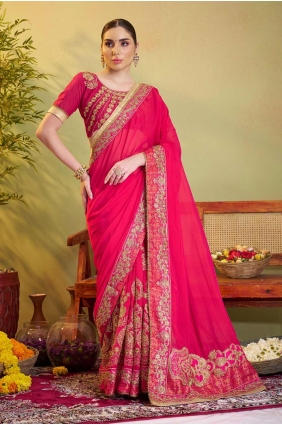 Embroidered Satin Saree in Pink with Blouse SR28242