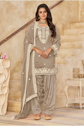 Silk Patiala Suit with Embroidered in Grey PS2428