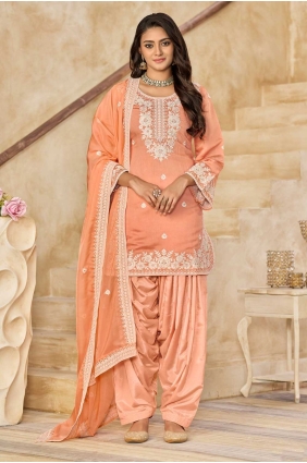 Peach Embroidered Silk Patiala Suit PS2430