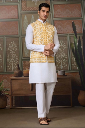 Embroidered Silk Men Kurta in White KURR608