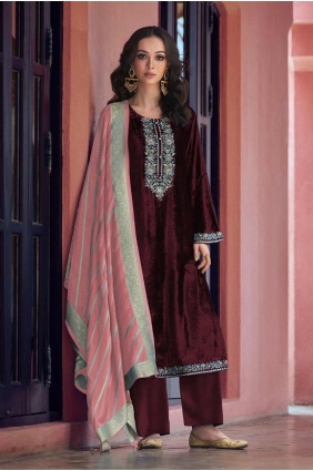 Embroidered Velvet Maroon Straight Pant Suit with Dupatta SK155134