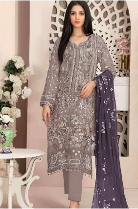 Embroidered Straight Pant Suit in Beige Georgette SK155113