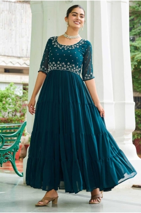 Embroidered Faux georgette Gown Dress in Teal with Dupatta GW1167