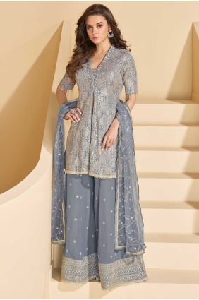 Grey Palazzo Suit in Georgette PZ4185