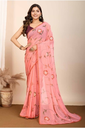 Georgette Printed Peach Saree with Blouse SR28028