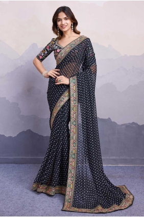 Embroidered Saree in Black Georgette SR28683