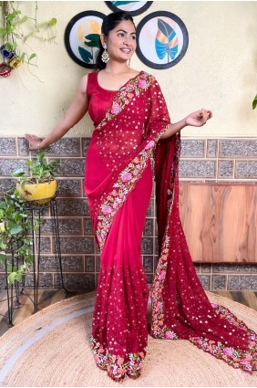 Georgette Saree with Sequins thread in Maroon SR28475