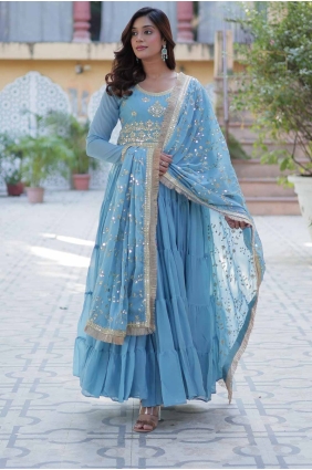 Georgette Sky blue Gown Dress in Embroidered GW1056