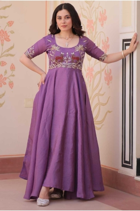 Embroidered Silk Gown Dress in Purple GW1139
