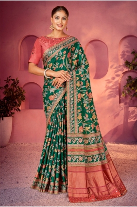 Green Saree in Hand,printed Silk SR29067