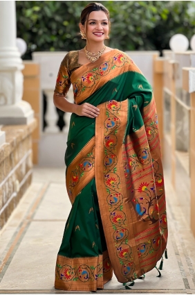 Weaving Saree in Green Silk SR29083