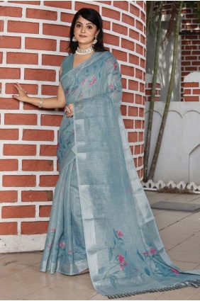 Printed Saree in Grey Cotton SR29071