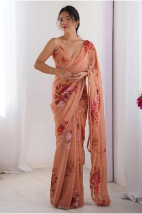 Hand Work Weaving Georgette Saree in Peach with Blouse SR28380