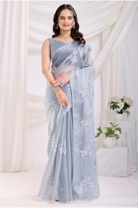Jam satin Saree in Grey with Embroidered SR28173