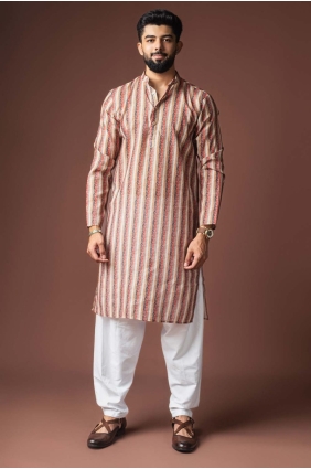 Cream Men Kurta in Linen with Digital print KURR592