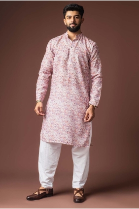 Digital print Linen Men Kurta in Pink with Dupatta KURR588