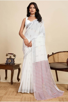 White Saree in Linen with Digital print SR28900
