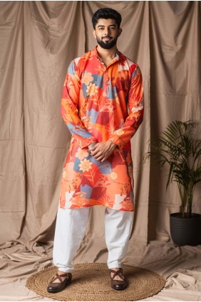 Digital print Men Kurta in Orange Linen KURR598