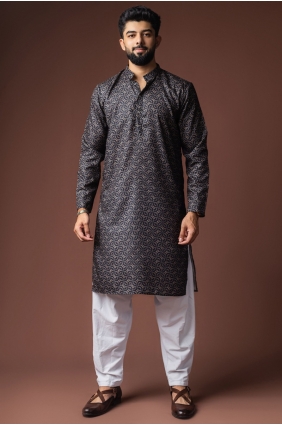 Black Digital print Linen Men Kurta KURR576