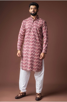 Dusty rose Men Kurta in Linen with Digital print KURR589