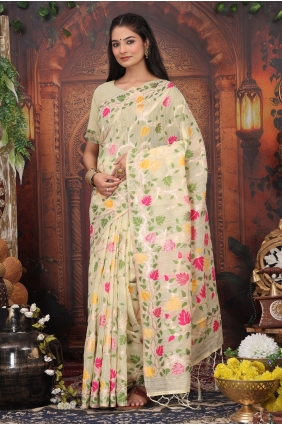Weaving Saree in Cream Linen SR28985