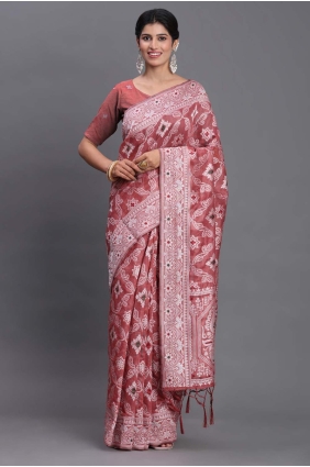 Weaving Linen Saree in Peach with Blouse SR29006