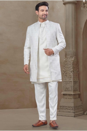 Men Kurta Pajama With Waistcoat in White Silk with Printed KURR523