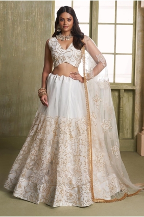 Off White Net Embroidered Lehenga Choli Ensemble LC8687