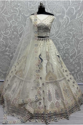 Net Wedding Lehenga Choli with Stone with moti in Off white LC8313