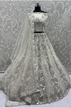 Off White Net Lehenga Choli with Heavy Sequins Work LC8658