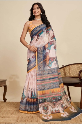 Off white Saree in Linen with Digital print SR28906