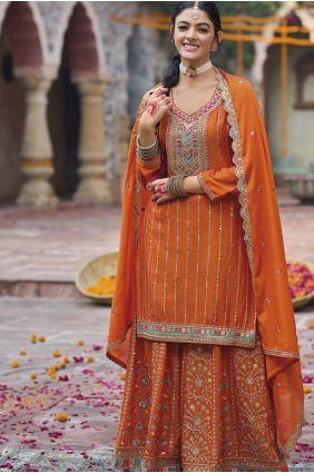 Orange Palazzo Suit in Embroidered Chinon chiffon PZ4193