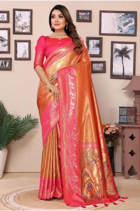 orange sari with weaving banarasi silk SR28333