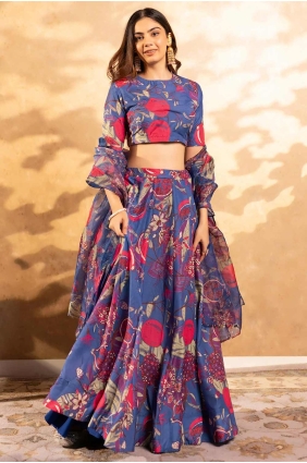 Party Lehenga Choli in Teal blue Chinon chiffon with Digital print LC8321